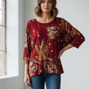 JESSICA MAX Floral Round Neckline Pullover Top, Women’s Size 2X, Red